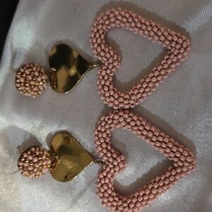 Gold and Pink Heart Drop Earrings